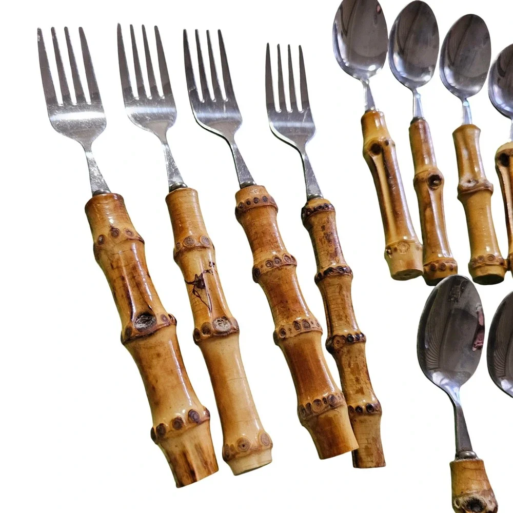 21pc Natural Bamboo Handle Flatware Set Stainless Steel Tiki Boho Silverware